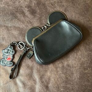 Disney x Coach Collectable Micky Kiss Lock Black Leather Wristlet with Key Chain